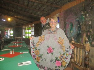 Carol shows off her fabulous poncho, at Mario's.
